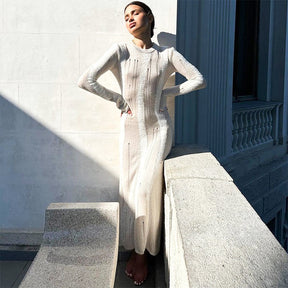 White Knit Distressed Mesh Long Sleeve Maxi Dress