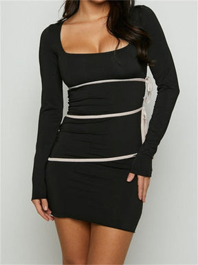 Black Ribbon Tie-Up Long Sleeve Mini Dress