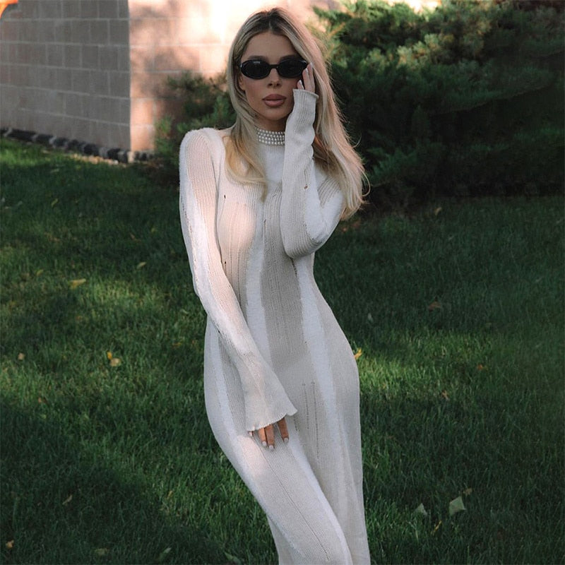 White Knit Distressed Mesh Long Sleeve Maxi Dress