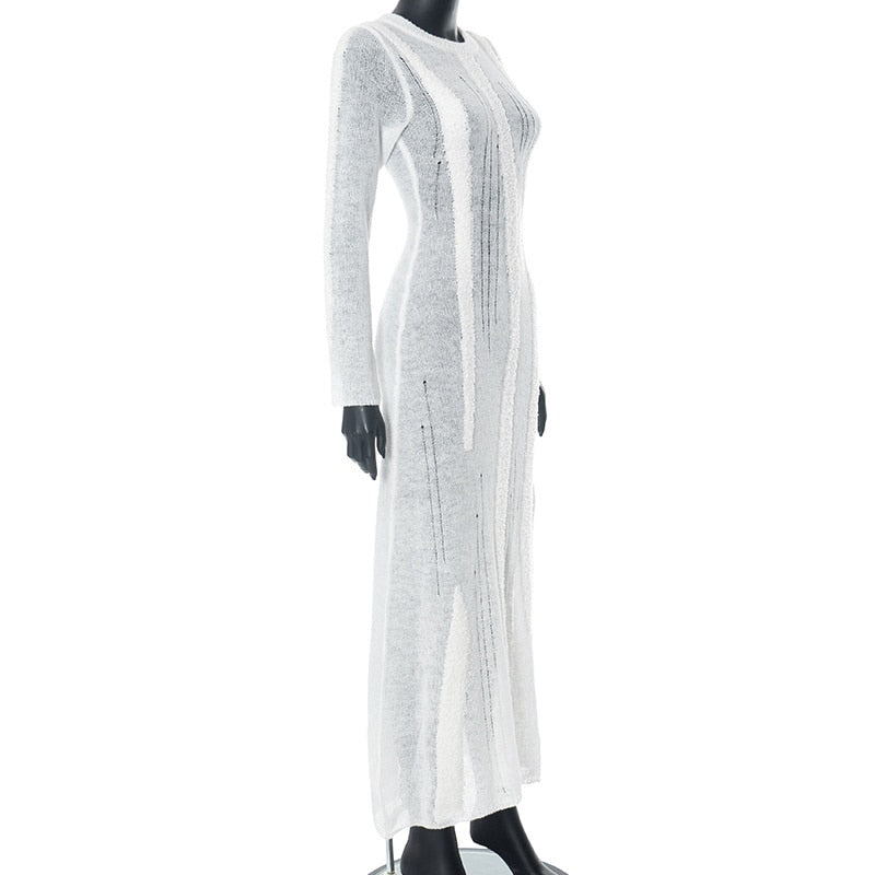 White Knit Distressed Mesh Long Sleeve Maxi Dress