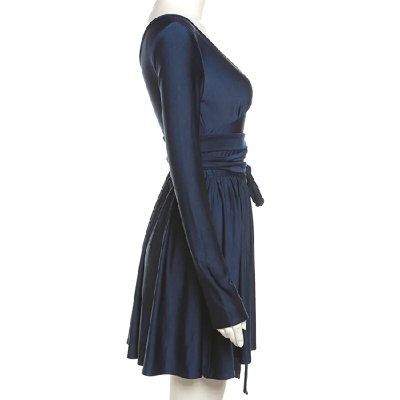 Blue Satin Long Sleeve Ribbon Tie Around Mini Dress