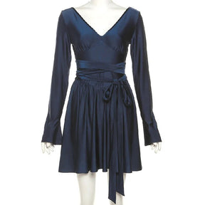 Blue Satin Long Sleeve Ribbon Tie Around Mini Dress