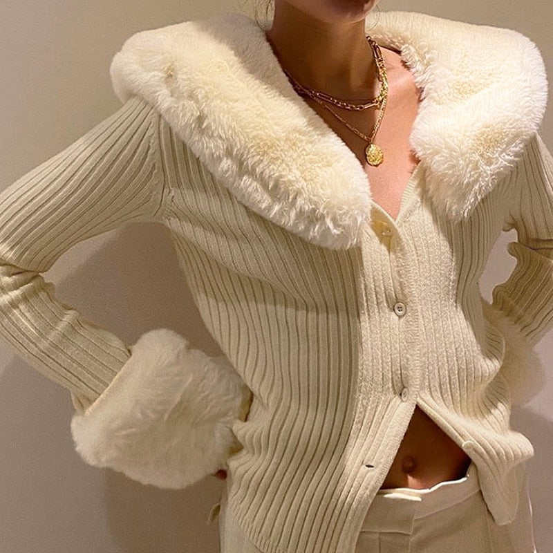 Removable Fur Collar Long Sleeve Cardigan