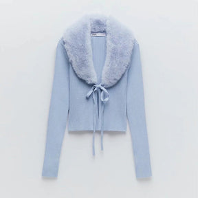 Removable Fur Collar Long Sleeve Cardigan