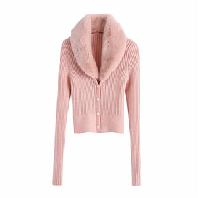 Removable Fur Collar Long Sleeve Cardigan